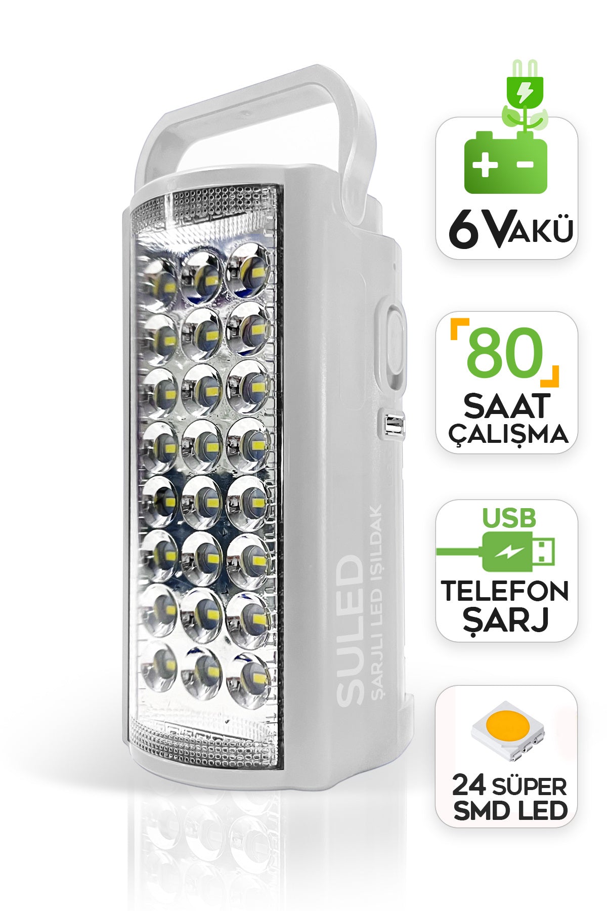 Kamp Lambası Usb Şarjlı 6v Akülü 80 Saat - 3gün Aydınlatma 24 Smd Led Işıldak Lamba 220v Şarj