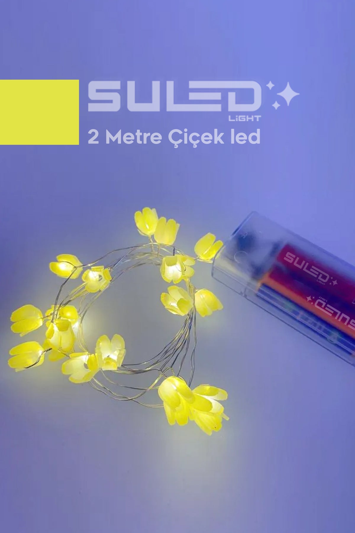 Pilli 20 LED Sarı Çiçek Dekoratif Işık 2 Metre Gün Işığı İç Mekan Süsleme Led Aydınlatma Ortam Işığı
