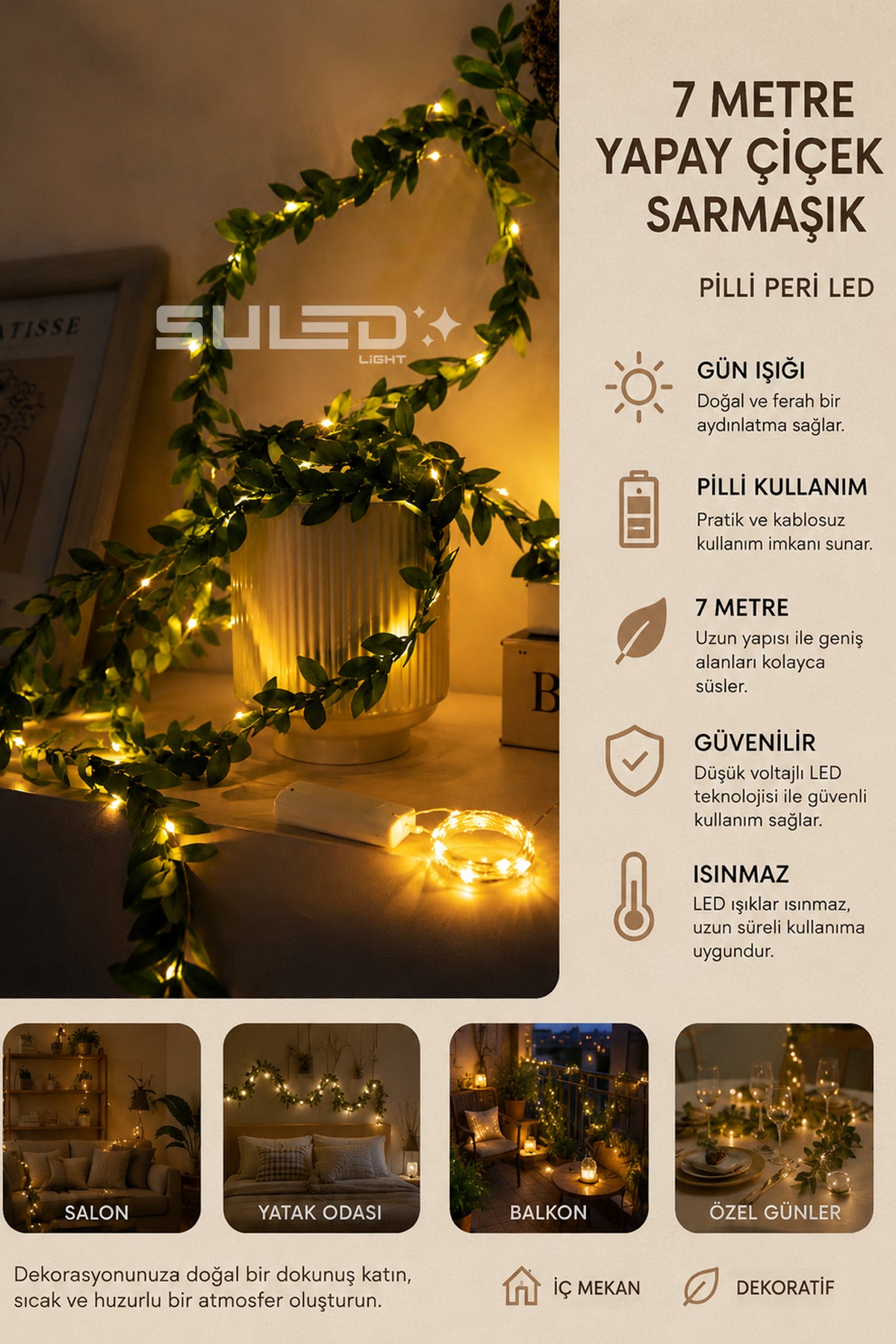 7 Metre Yapay Sarmaşık Çiçek ve Pilli Peri LED Gün Işığı 2'li Dekoratif Set