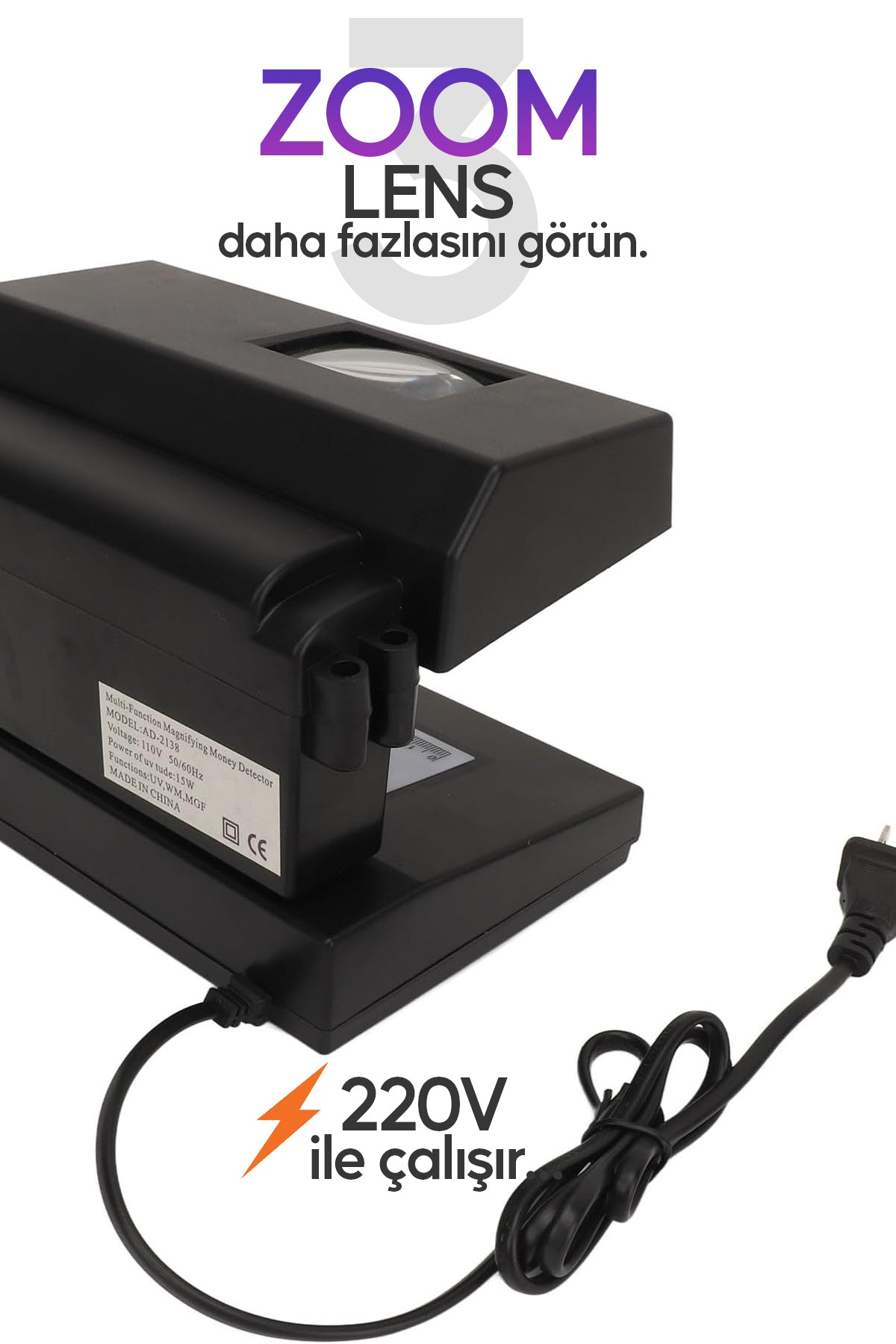UV Pro3 Zoom Sahte Para Kontrol Cihazı Güçlü UV Mor Işık Profesyonel Sahte Para Dedektörü 220V