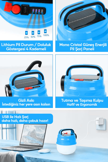 6 Modlu El Feneri ve Kamp Lambası USB & Solar Şarjlı SMD Led Askılı Taşınabilir Işık