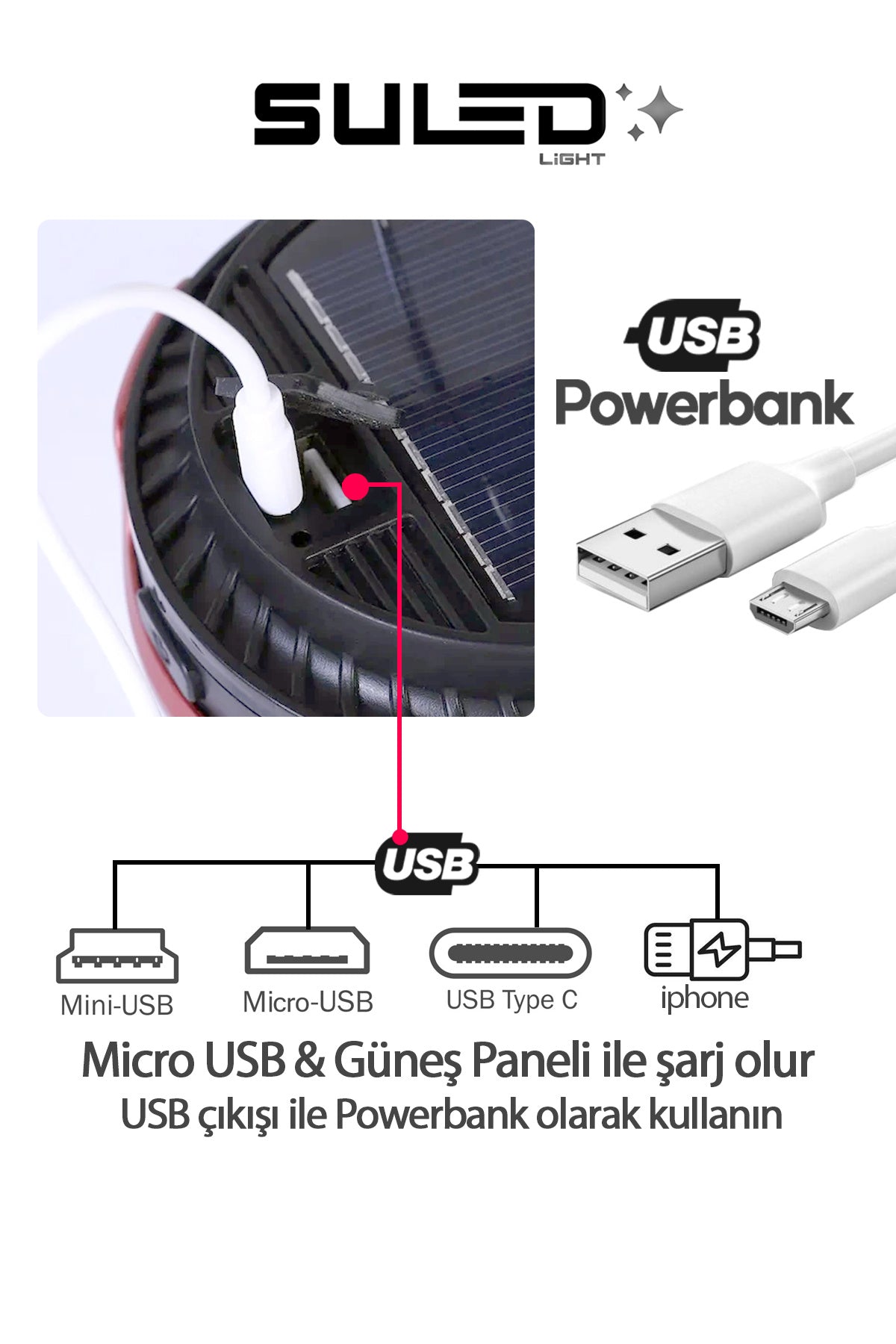 Mini Pro Kamp Lambası ve Fener USB Power Bank Özellikli Solar Panel 4 Mod Flaşlı