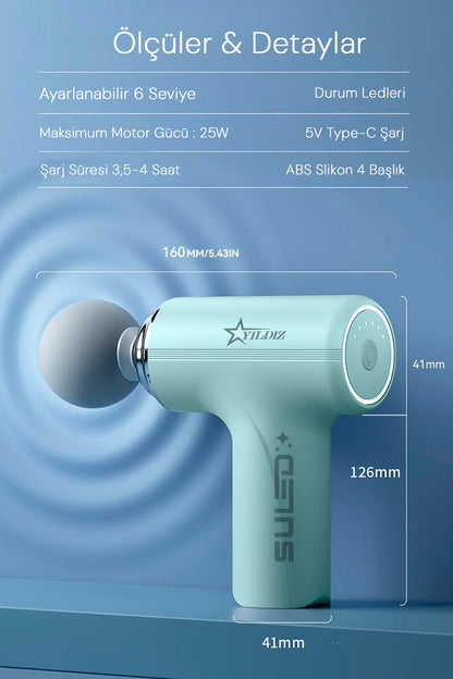 Masaj Cihazı Masaj Tabancası Masaj Pro 2 Type-C USB Şarjlı 4 Başlıklı 6 Kademeli Masaj Aleti Sessiz
