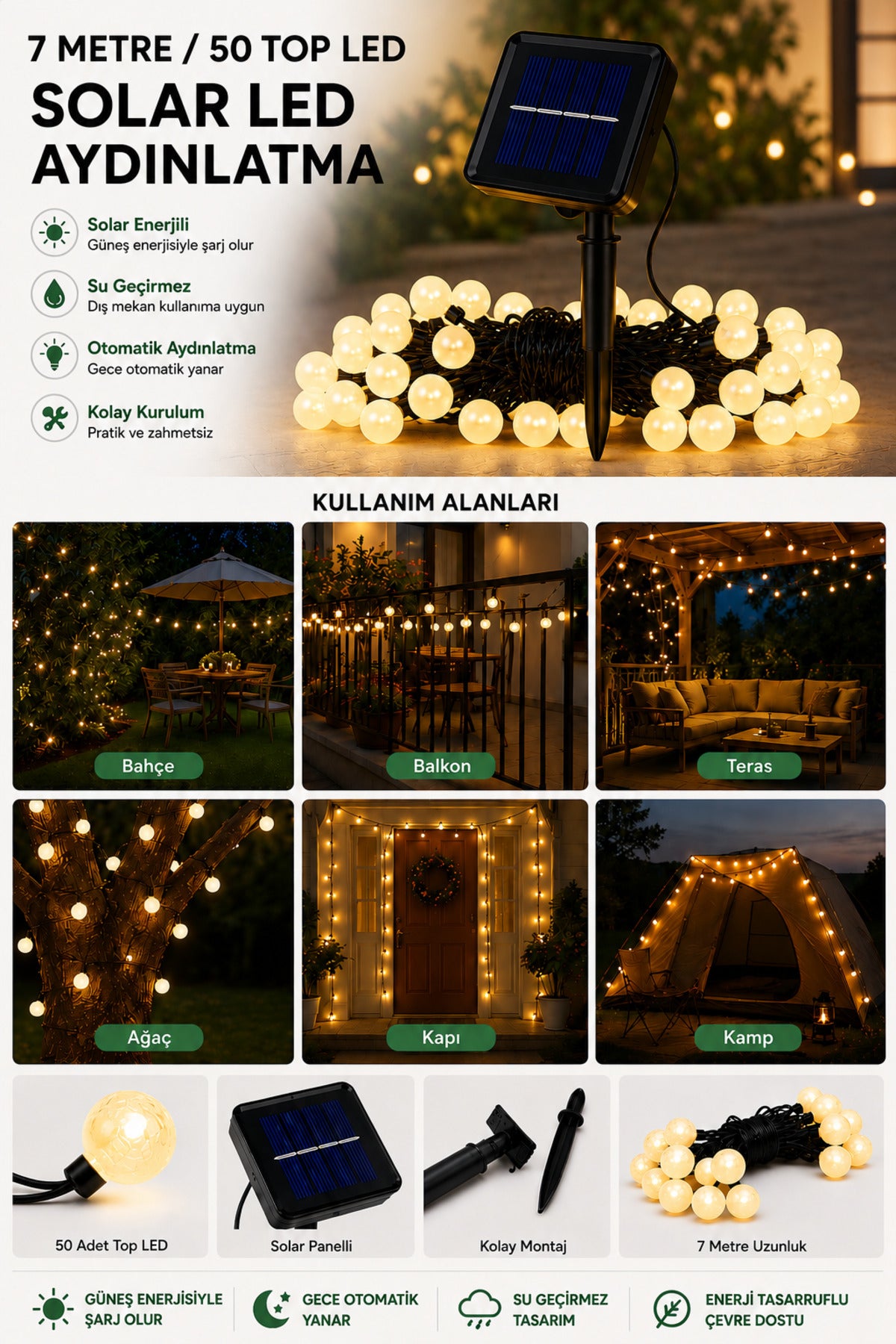 Dekoratif 7 Metre 50 Top Led Solar Balkon Teras Ağaç Bahçe Aydınlatması