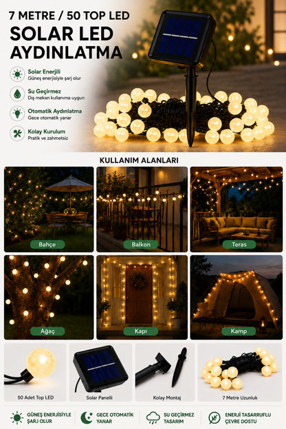 Dekoratif 7 Metre 50 Top Led Solar Balkon Teras Ağaç Bahçe Aydınlatması