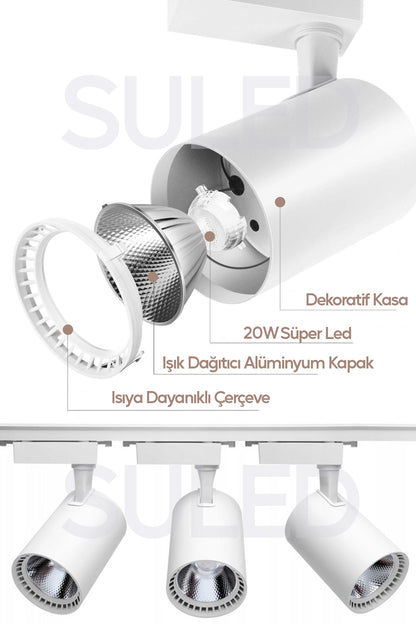 Spot Işık 3'lü Set Led Gün Işığı Beyaz Kasa 20w 1 Metre Raylı 3 Adet Ray Spot Lamba Armatür