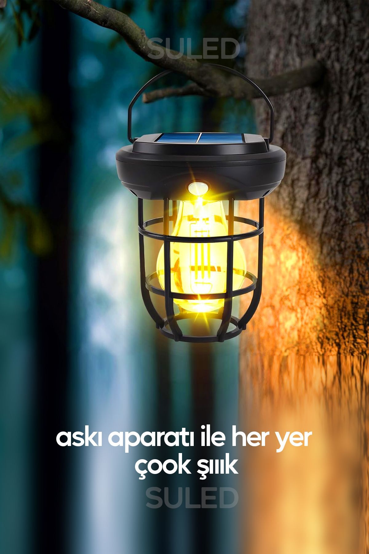 Solar Şarjlı Hareket Sensörlü Led Fener Işık 15W Askılı 3 Modlu Otomatik Led Kamp Bahçe Lambası