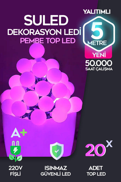 Top Led Pembe Dekor Led Yılbaşı Led Işıkları 5MT Işıkları Top Dize Işıklar Masa Dekorasyon Noel Işık