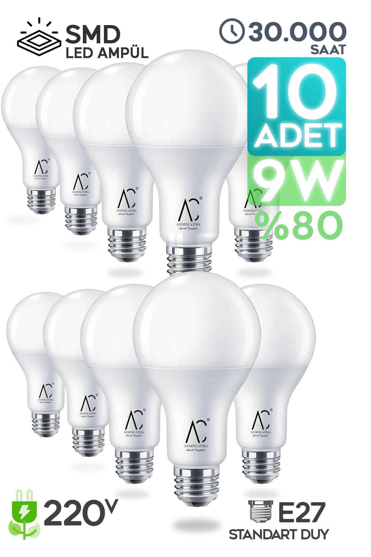 Led Ampül 10 Adet 9w Smd Süper Parlak Led Beyaz Işık 6500k Tasarruflu Lamba