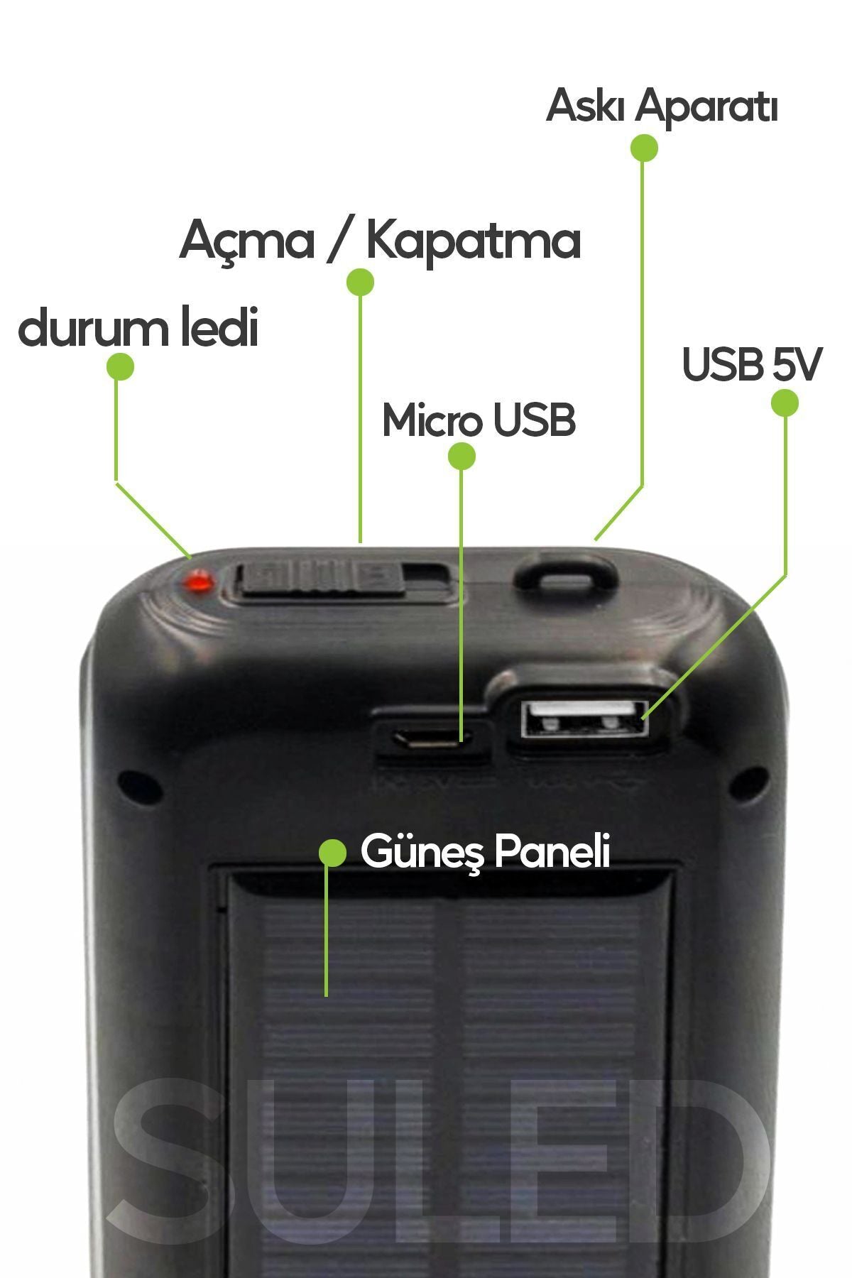 Güneş Panelli Handy Power Bank Fener Işıldak 32 Süper Smd Ledli El Feneri Ev Kamp Outdoor Aydınlatma