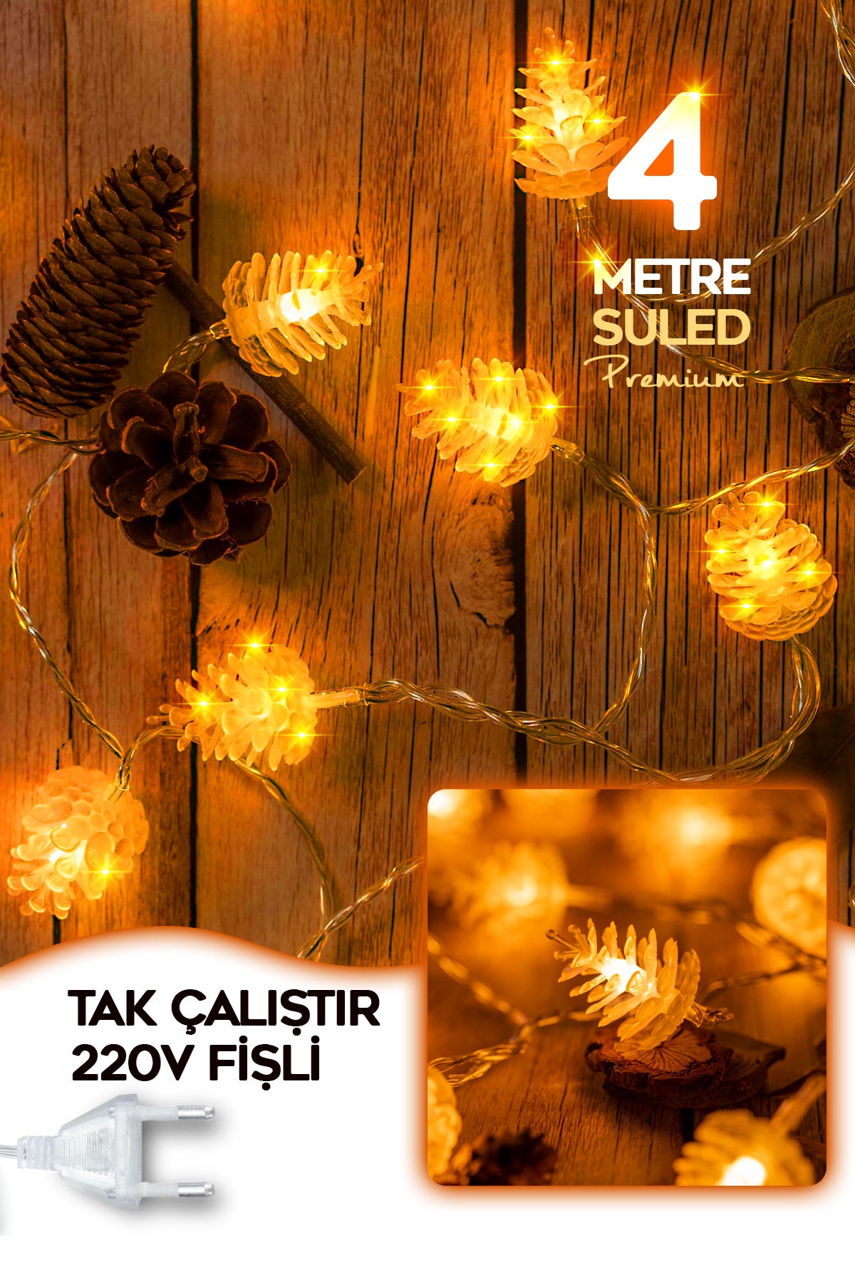 Kozalak Led Işık 4 Metre 220V Fişli Tak Çalıştır Dekor Süsleme Ledi Su Geçirmez İç ve Dış Mekan Led