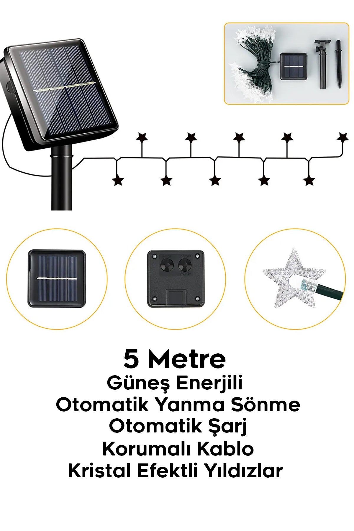 Yıldız Led 5 Metre Solar Enerjili Bahçe Aydınlatması Led Işık Gün Işığı Dekoratif İç & Dış Mekan