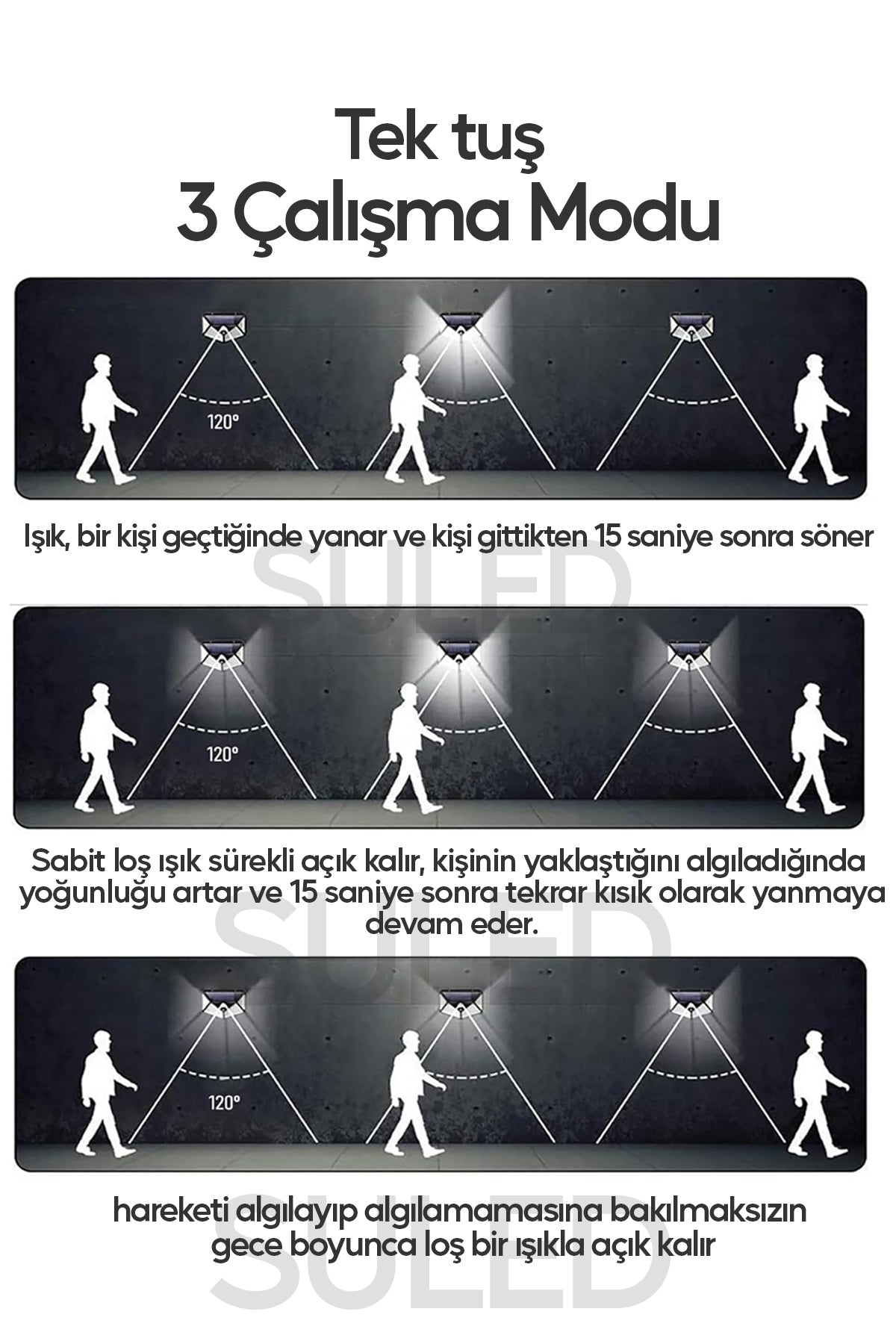Profesyonel Sensörlü Bahçe Aydınlatma Lambası Solar Güneş Panelli Tam Otomatik 3 Modlu