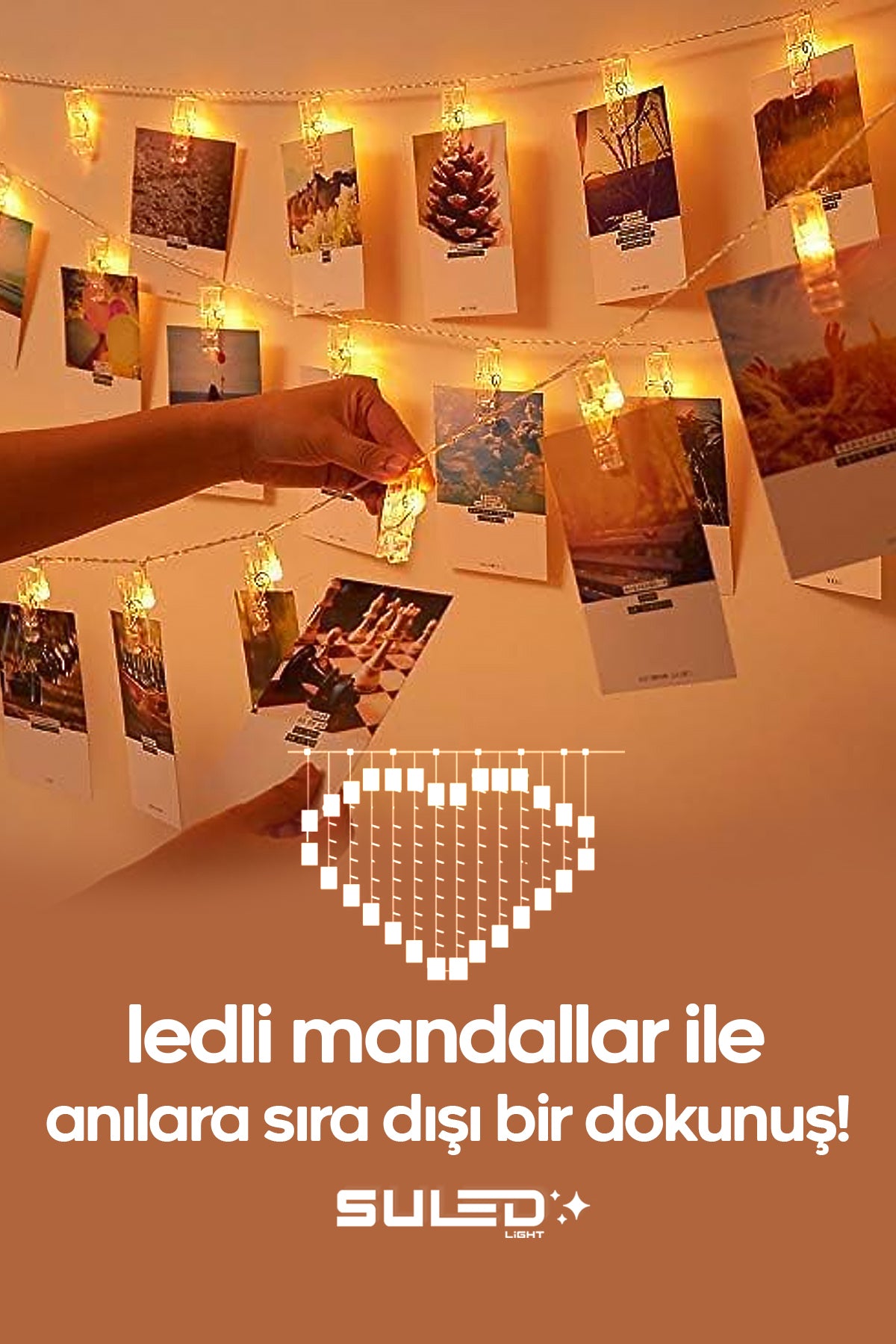 Kalpli Mandallı Led Işıklar 2,5 Metre 30 Led Mandal 220V 3D Dekoratif Fotoğraf Mandalı
