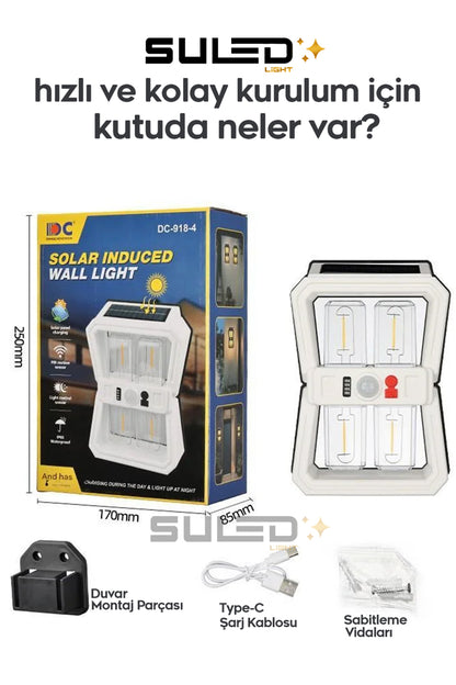 Sensörlü 4 Led Solar Panelli Pilli Otomatik Bahçe Aydınlatması Duvar Led Işık