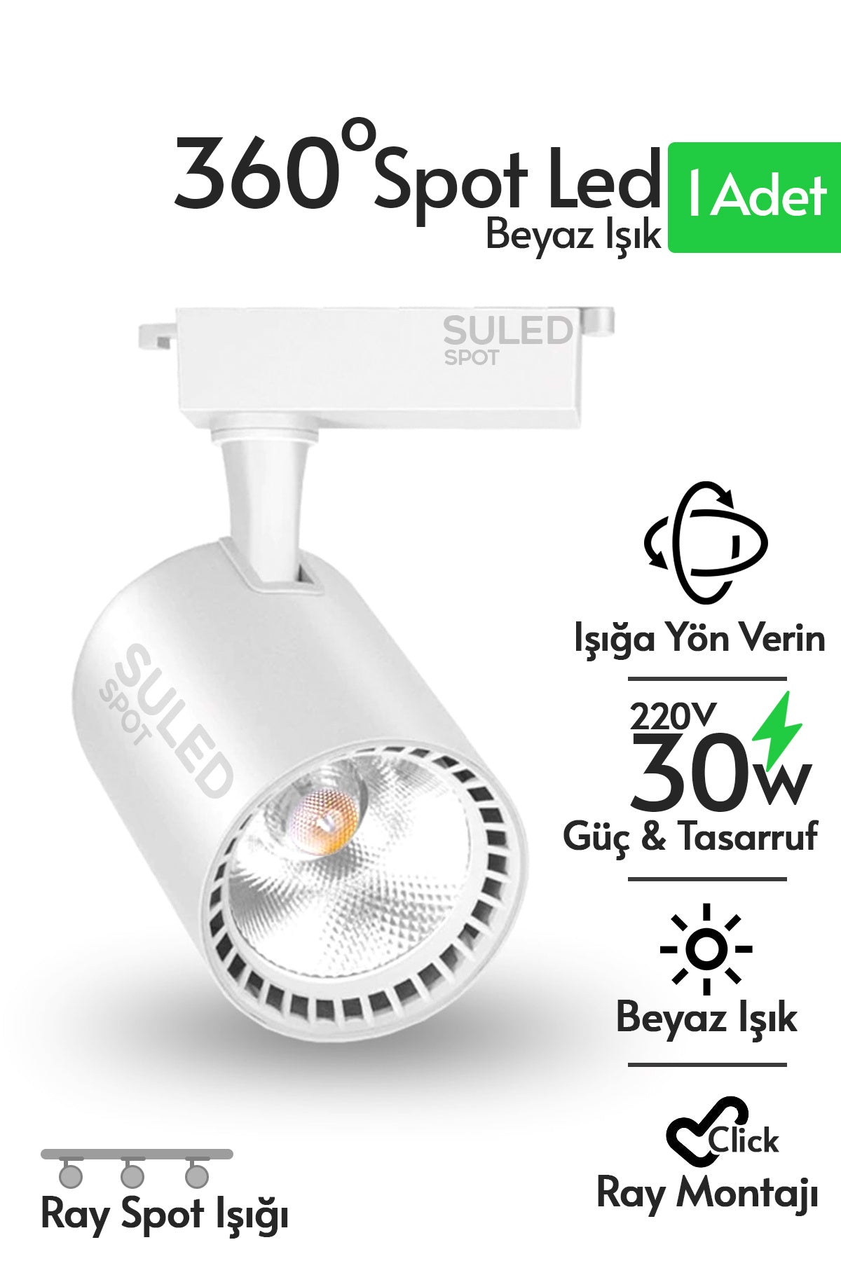 Ray Spot Işık Beyaz Kasa - Beyaz Işık 360/90 Dönebilen 30W Ray Spotu Led Işık Pro 220V