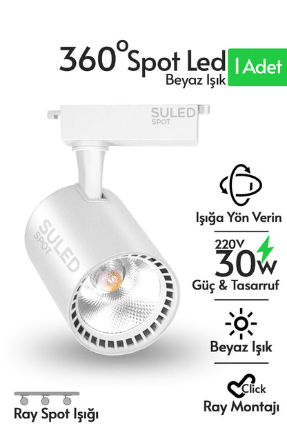Ray Spot Işık Beyaz Kasa - Beyaz Işık 360/90 Dönebilen 30W Ray Spotu Led Işık Pro 220V