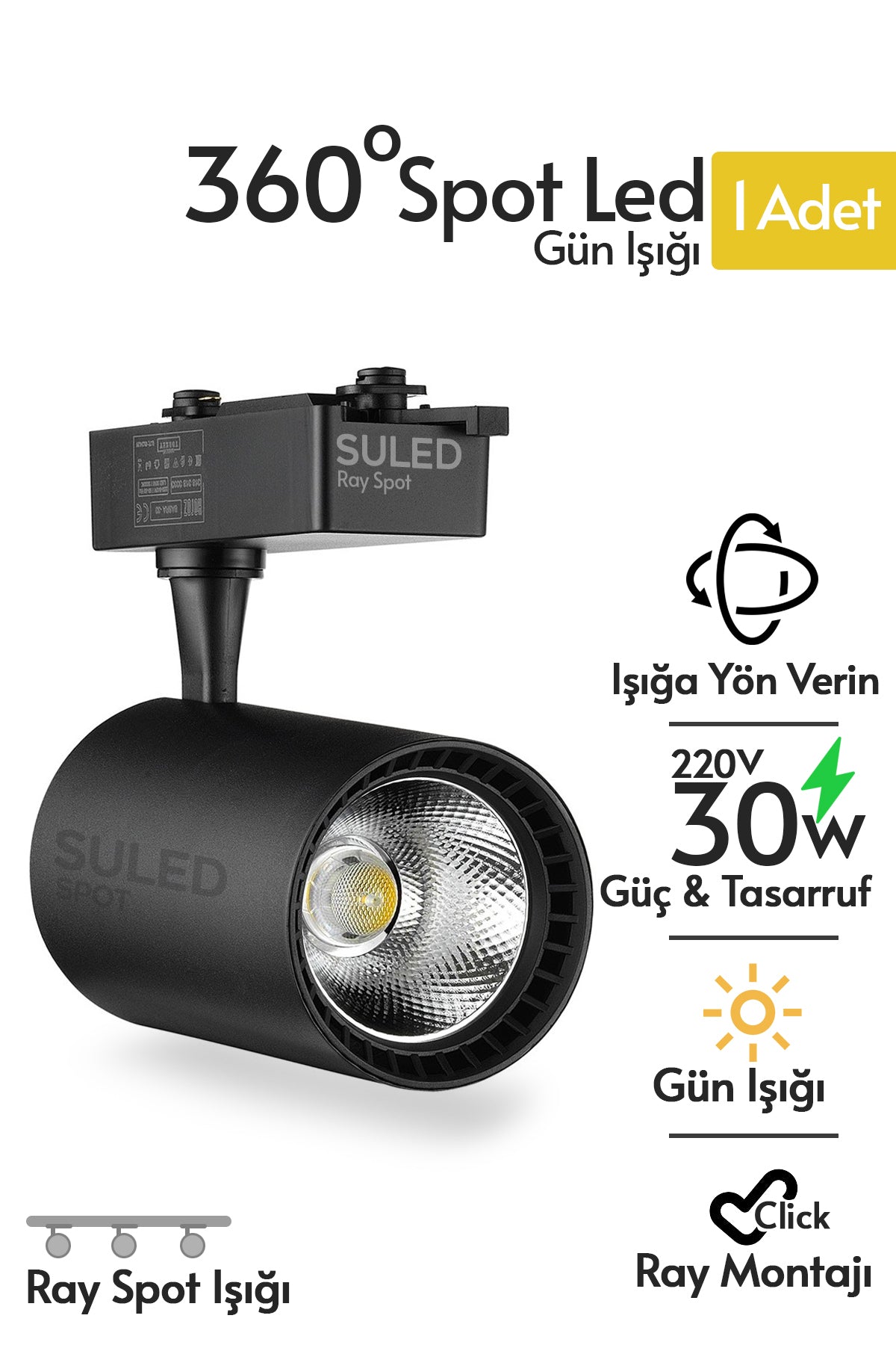 Ray Spot Işık Siyah Kasa - Gün Işığı 360/90 Dönebilen 30W Ray Spotu Led Işık Pro 220V
