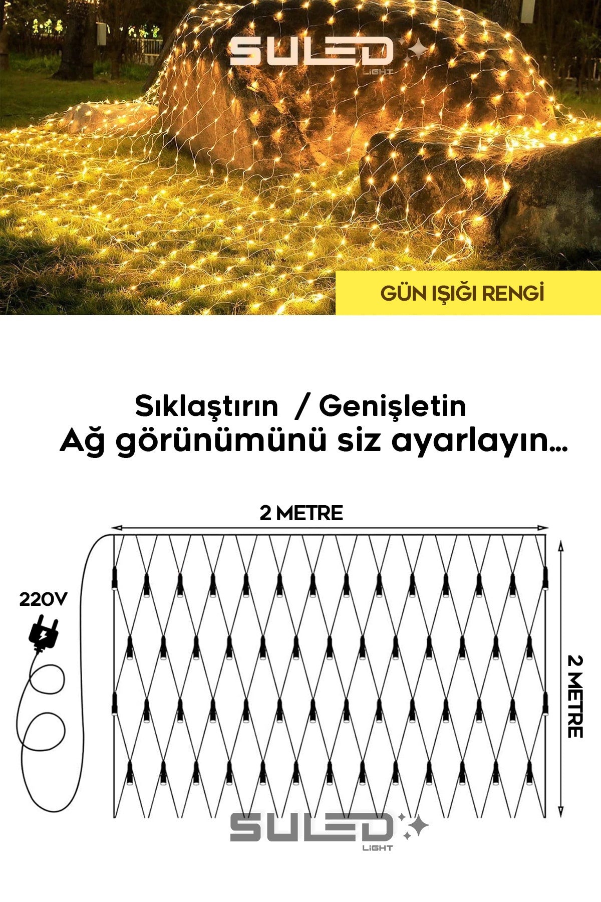 2X2 Metre Ağ Led Işık Gün Işığı 220V Fişli Dekoratif Led Işık İç & Dış Mekan Süsleme Parti Ambiyans