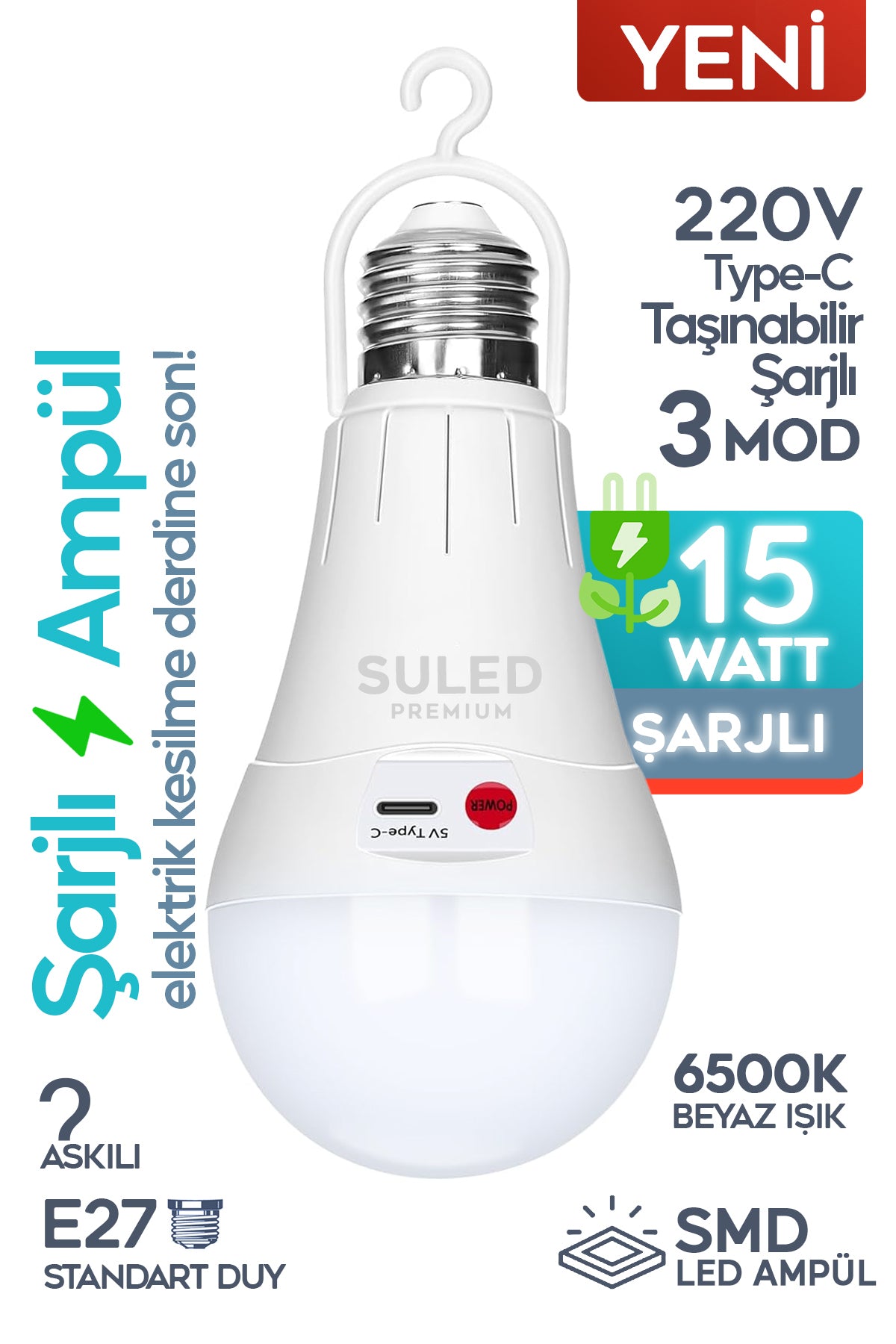 Şarjlı Ampül 15W Beyaz Işık Tavan Kamp Işığı Acil Durum El Feneri Type-C 220V Şarjlı Beyaz E27 Duy