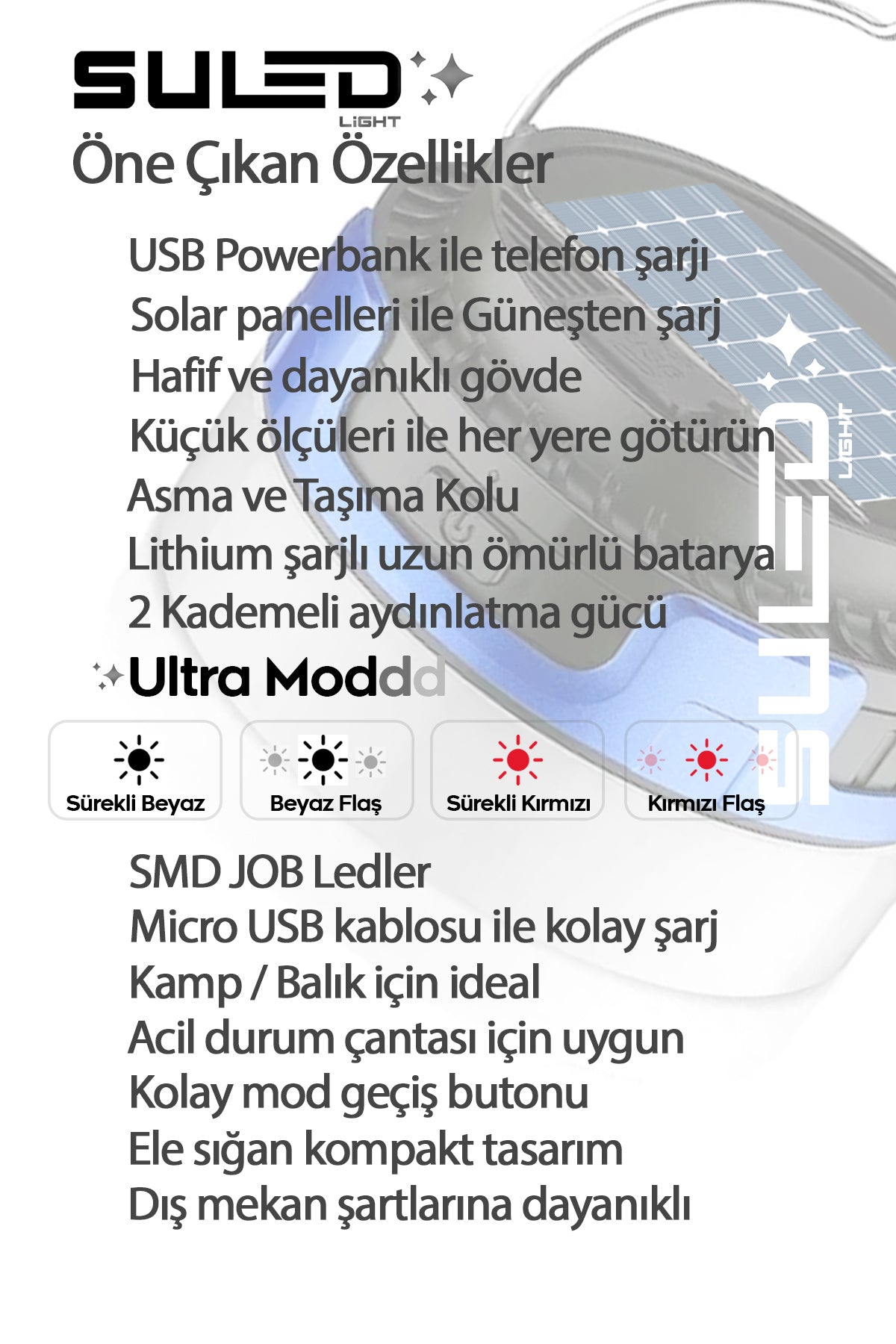 Mini Pro Kamp Lambası ve Fener USB Power Bank Özellikli Solar Panel 4 Mod Flaşlı