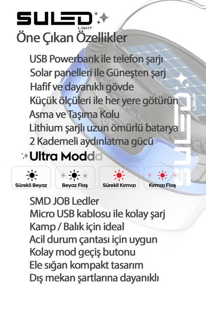 Mini Pro Kamp Lambası ve Fener USB Power Bank Özellikli Solar Panel 4 Mod Flaşlı