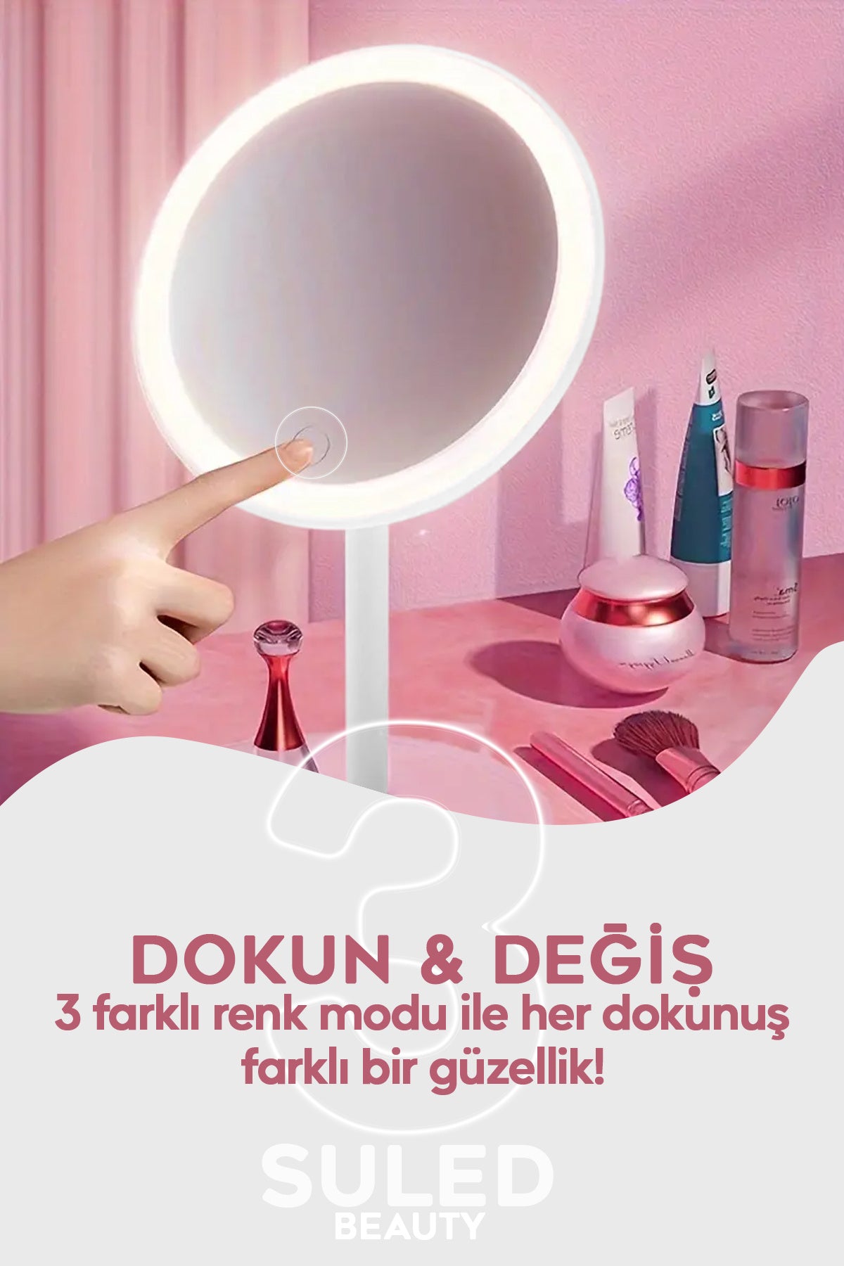 Beyaz Makyaj Aynası 3 Modlu Led Işıklı USB Şarjlı Yuvarlak Taşınabilir Açı Ayarlı Güzellik Aynası