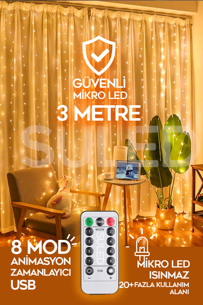 Perde Led 3x3 Metre Kumandalı 8 Mod Ambiyans Ayarlabilir Boy Dekor Mikro Led Işık Perde