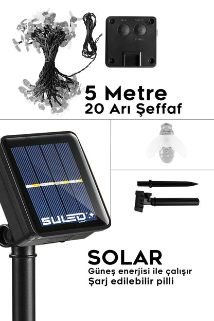 Arı Figürlü 5 Metre Solar Enerjili Bahçe Aydınlatması Led Işık Gün Işığı Dekoratif İç & Dış Mekan
