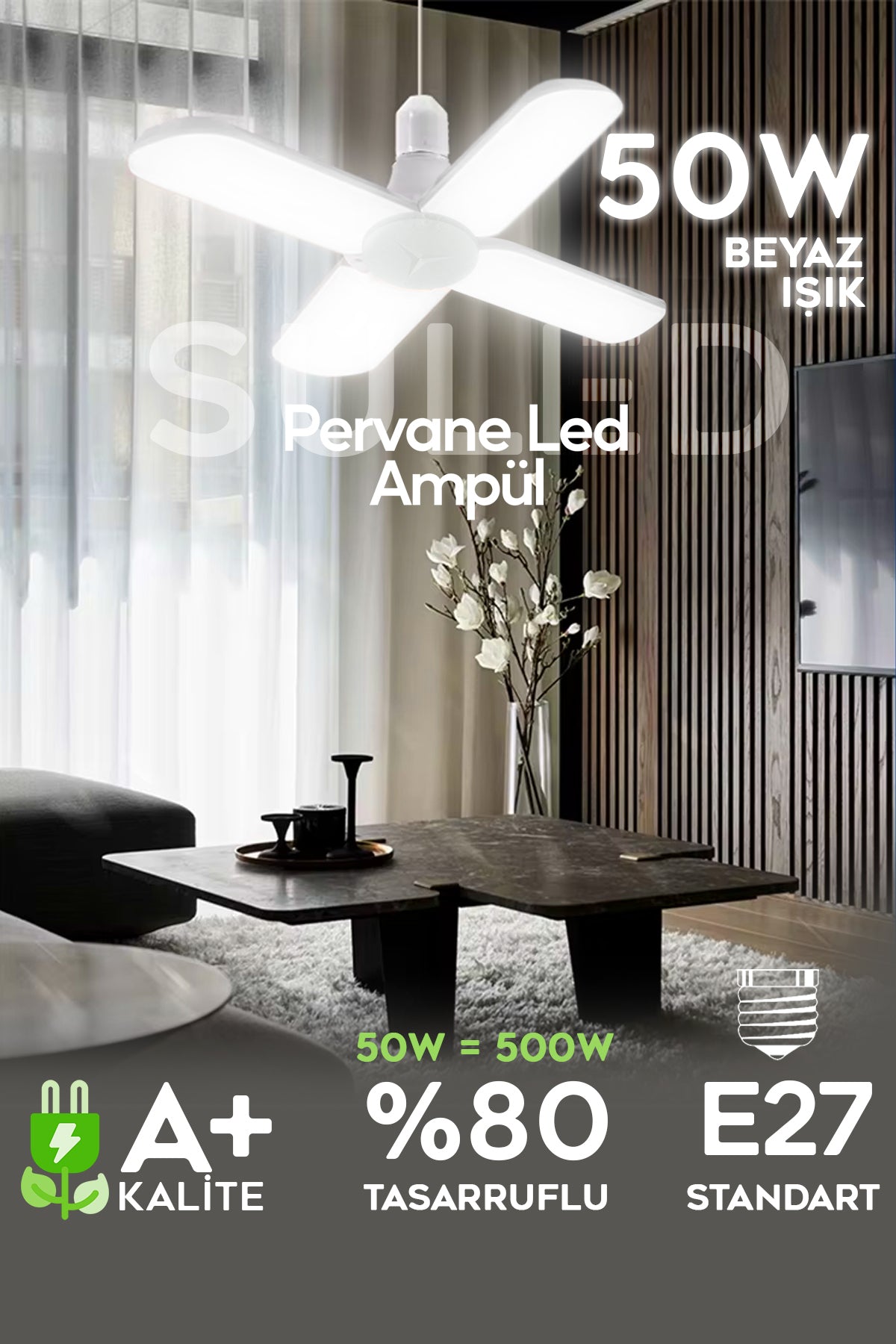 Pervane 4 Kanat Led Ampül 50W 5000 Lümen Süper Güçlü E27 Lamba A Kalite Beyaz Işık
