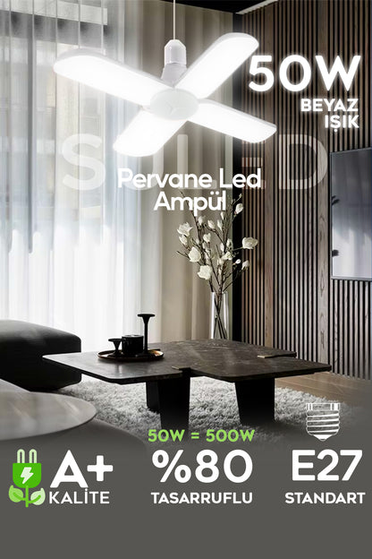 Pervane 4 Kanat Led Ampül 50W 5000 Lümen Süper Güçlü E27 Lamba A Kalite Beyaz Işık
