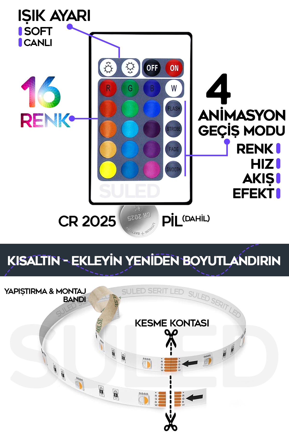 5MT X 2'li Set RGB Duvar Tavan Şerit Led Işık Ambiyans & Sabit 16 Renk Kumandalı Yapışkanlı 10 Metre