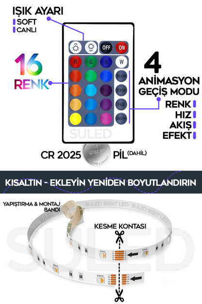 5MT X 2'li Set RGB Duvar Tavan Şerit Led Işık Ambiyans & Sabit 16 Renk Kumandalı Yapışkanlı 10 Metre
