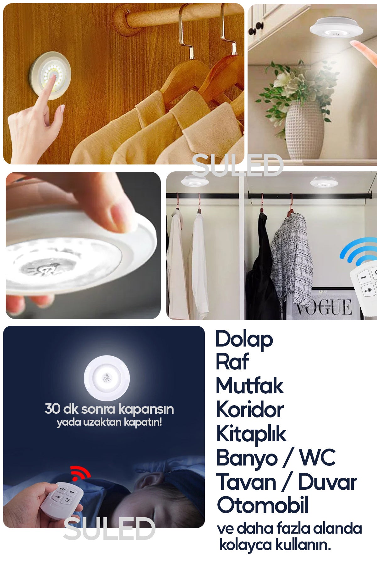 Pilli Uzaktan Kumandalı Montajsız Yapışkanlı 3'lü Spot Led Işık Lamba Raf Niş Dolap Mutfak Işığı