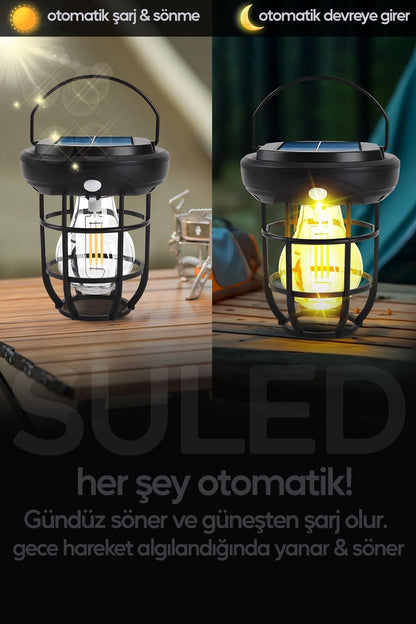 Solar Şarjlı Hareket Sensörlü Led Fener Işık 15W Askılı 3 Modlu Otomatik Led Kamp Bahçe Lambası