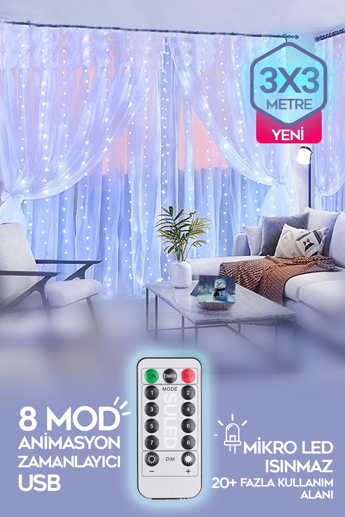 Beyaz Perde Led 3x3 Metre Kumandalı 8 Mod Ambiyans Ayarlabilir Boy Dekor Mikro Led Işık Perde