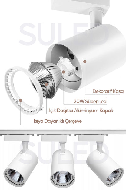 Spot Işık 3'lü Set Beyaz Led Işıklı Beyaz Kasa 30w 1 Metre Raylı 3 Adet Ray Spot Lamba Armatür