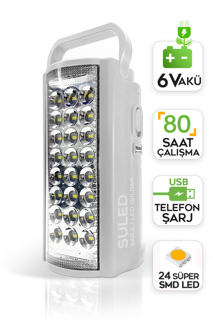 Kamp Lambası Usb Şarjlı 6v Akülü 80 Saat - 3gün Aydınlatma 24 Smd Led Işıldak Lamba 220v Şarj