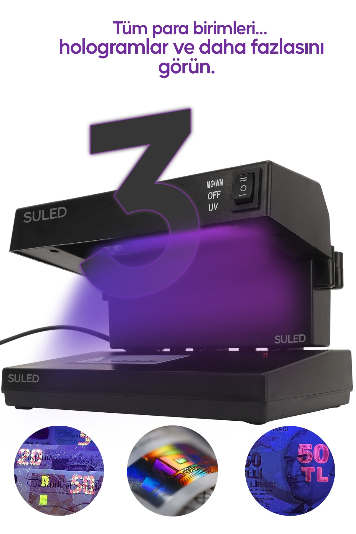 UV Pro3 Zoom Sahte Para Kontrol Cihazı Güçlü UV Mor Işık Profesyonel Sahte Para Dedektörü 220V