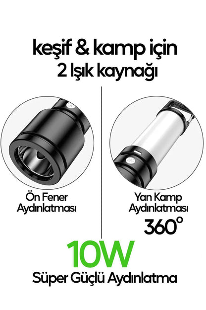 USB Şarjlı El Feneri ve Kamp Lambası 4 Modlu 10W A+ Led Işık Outdoor Askı Aparatlı Lityum Pilli