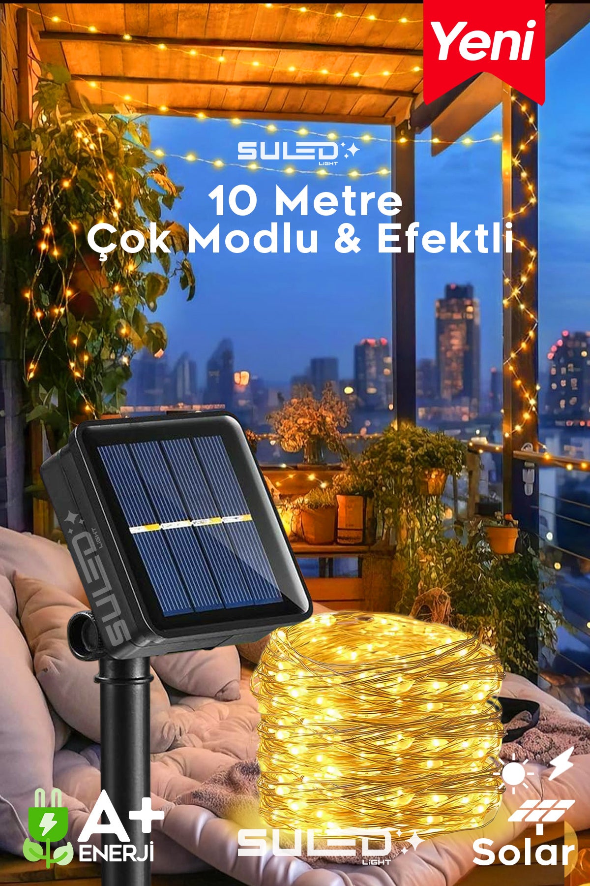 10 Metre Modlu Solar Panelli Led Bahçe Aydınlatma Dekoratif İç ve Dış Mekan Süsleme Işıkları