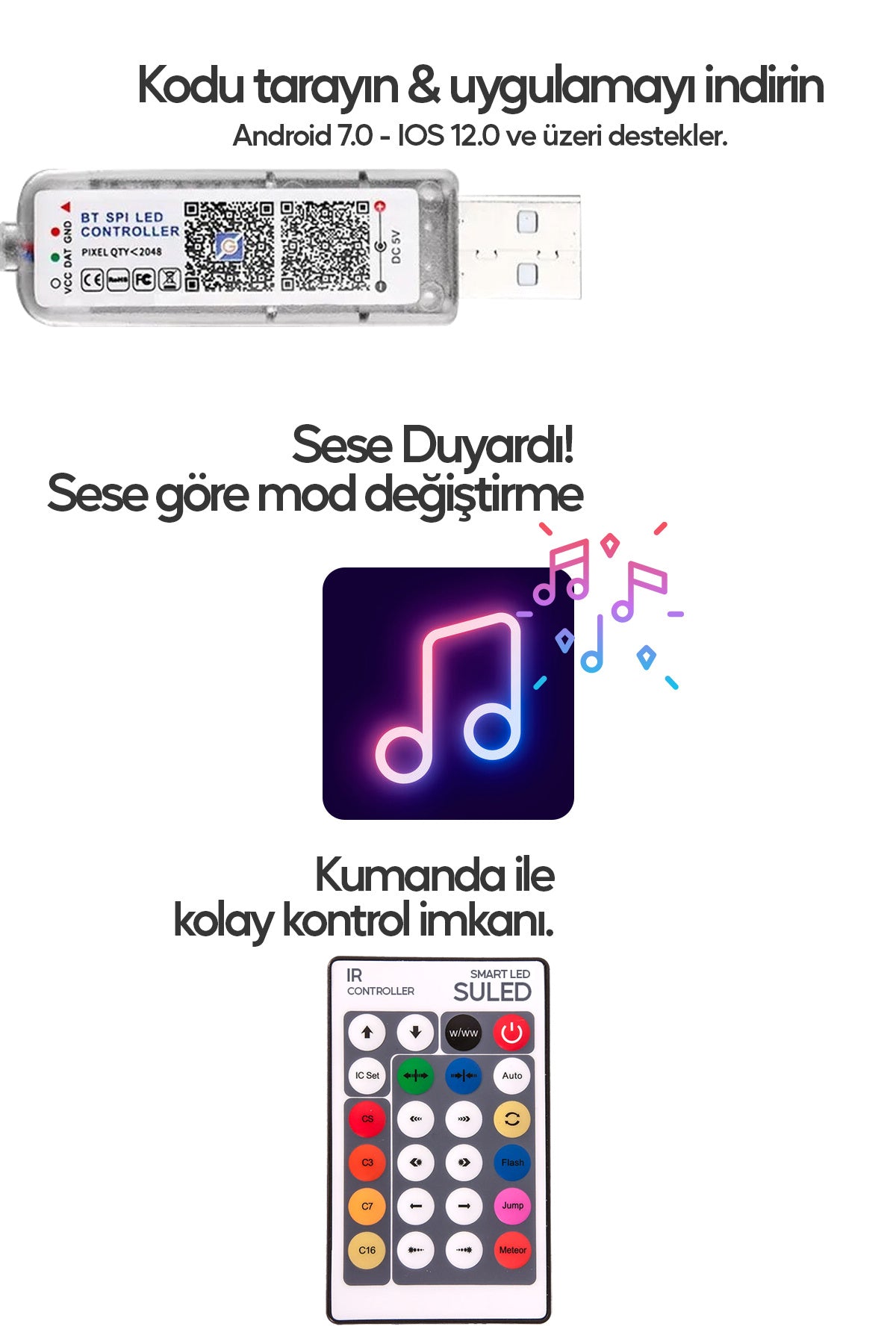 Smart Şerit Led Yeni Nesil 5 Metre Bluetooth TV Sese Duyarlı USB Enerjili Telefon Kontrollü Efektli