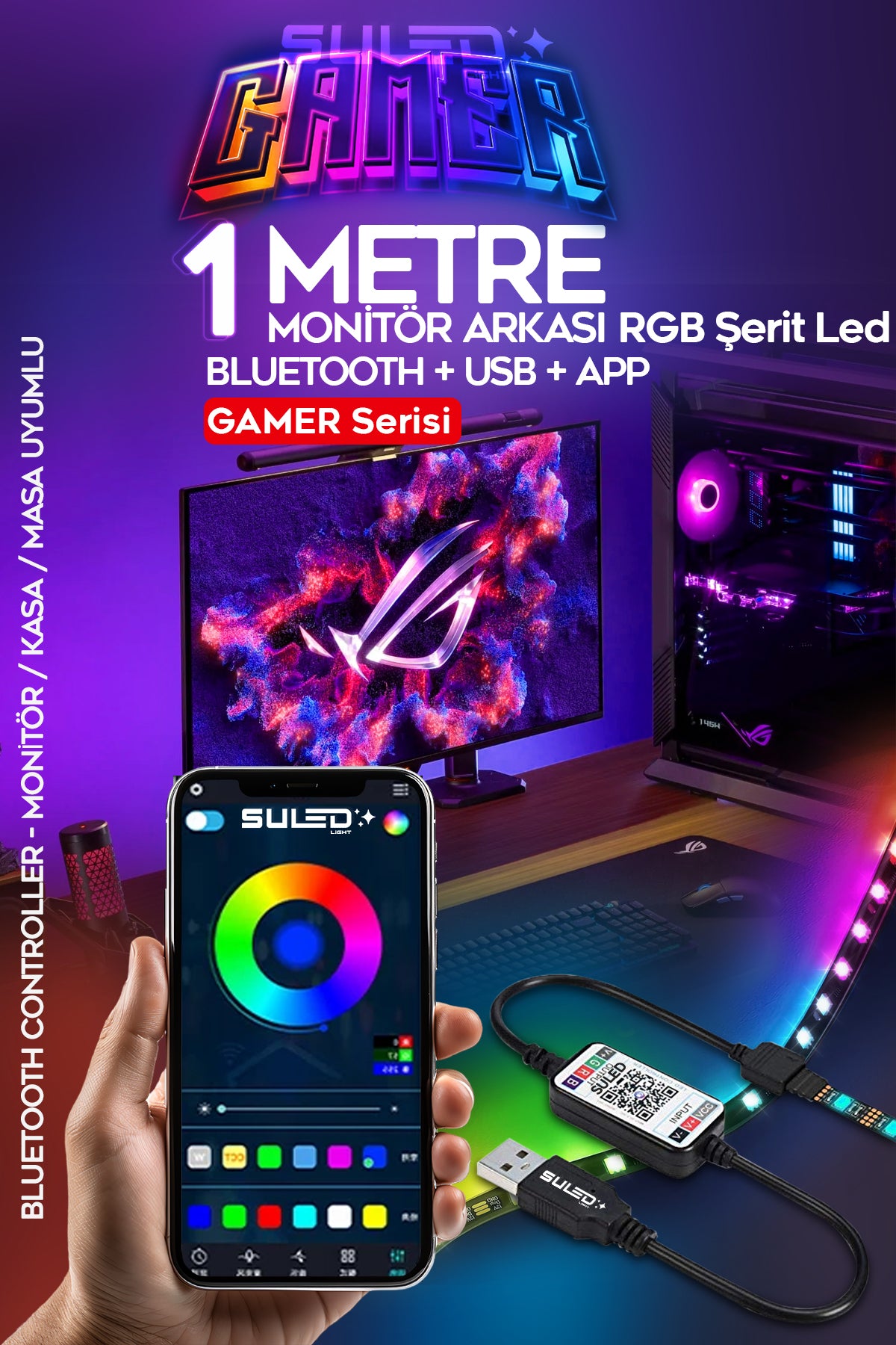Gamer Led 1 Metre RGB Şerit LED Bluetooth ve Uygulama Kontrollü USB Oyuncu Aydınlatması