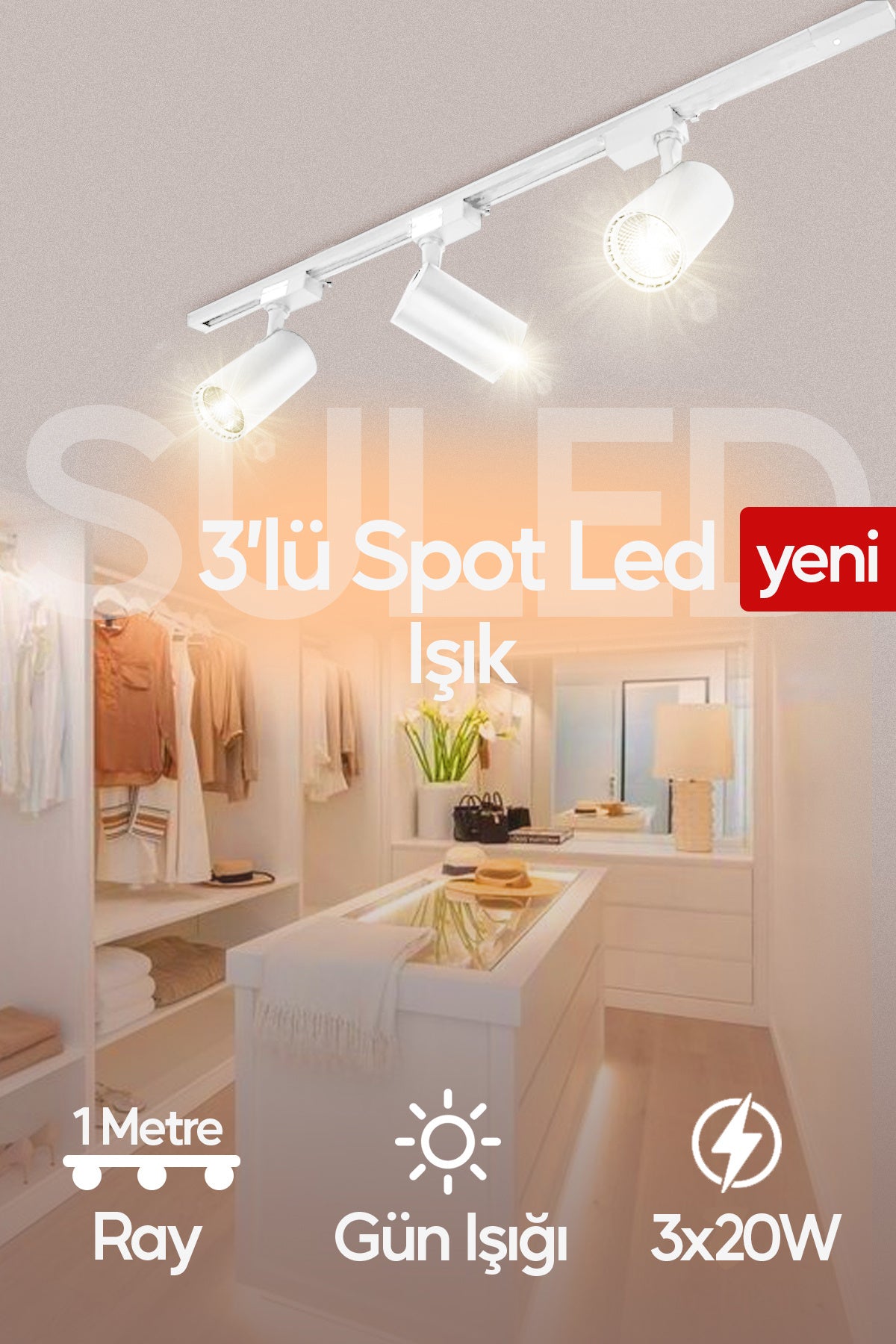 Spot Işık 3'lü Set Led Gün Işığı Beyaz Kasa 20w 1 Metre Raylı 3 Adet Ray Spot Lamba Armatür