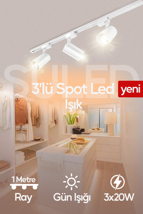 Spot Işık 3'lü Set Led Gün Işığı Beyaz Kasa 20w 1 Metre Raylı 3 Adet Ray Spot Lamba Armatür