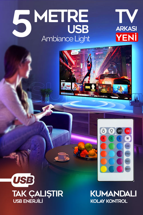 5 Metre USB TV Arkası & Dekoratif Ortam Ambiyans Aydınlatması Kumanda Kontrollü Tak Çalıştır