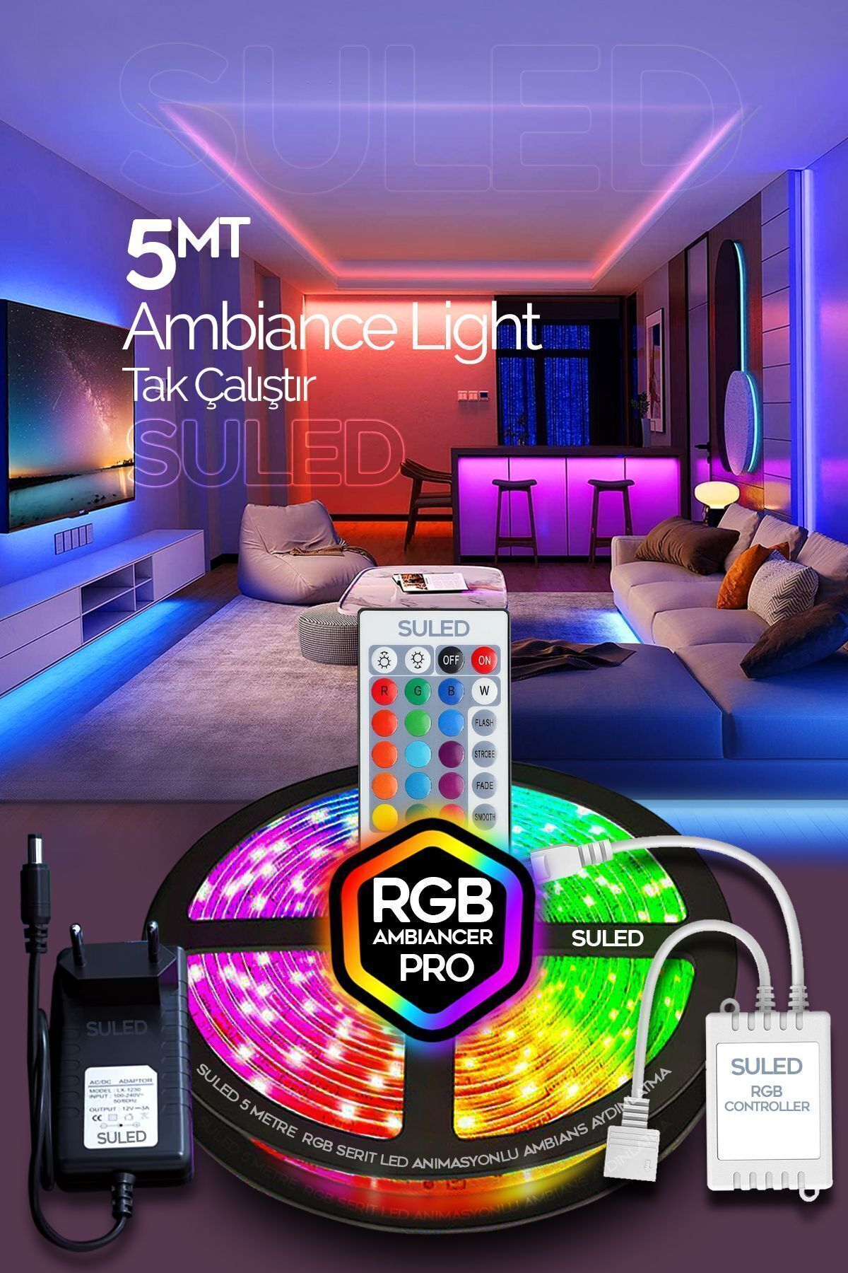 Şerit Led 5 Metre Animasyonlu Tak Çalıştır Kumandalı Trafolu Rgb Şerit Işık Aydınlatma Parti Led