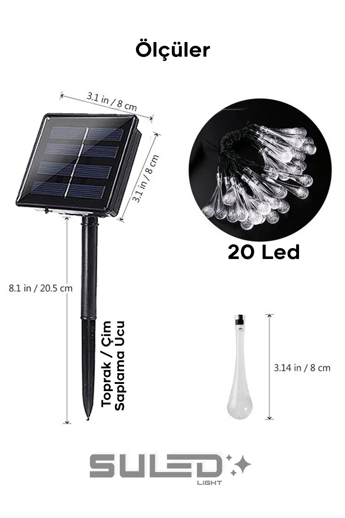 20 Damla Ledli Solar 7 Metre Bahçe Aydınlatması Modlu Led Işık Gün Işığı Dekoratif İç & Dış Mekan