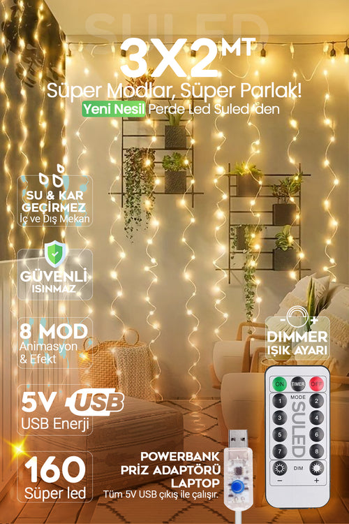 Süsleme Işığı Kumandalı Perde Led 3x2Mt USB Enerjili 160 Led 8 Modlu Ayarlanabilir İç ve Dış Mekan