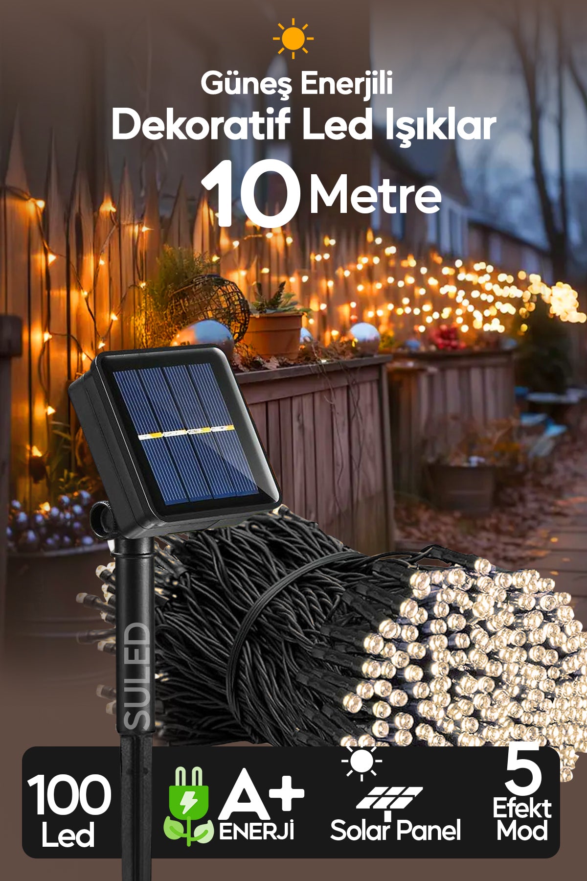 10 Metre Solar Enerjili Dekoratif 100 Led Işık Bahçe Balkon ve Süsleme Ledleri